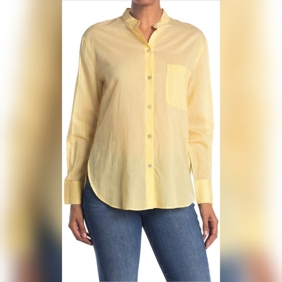 Vince Tops - Vince silk-blend collarless fine stripe shirt